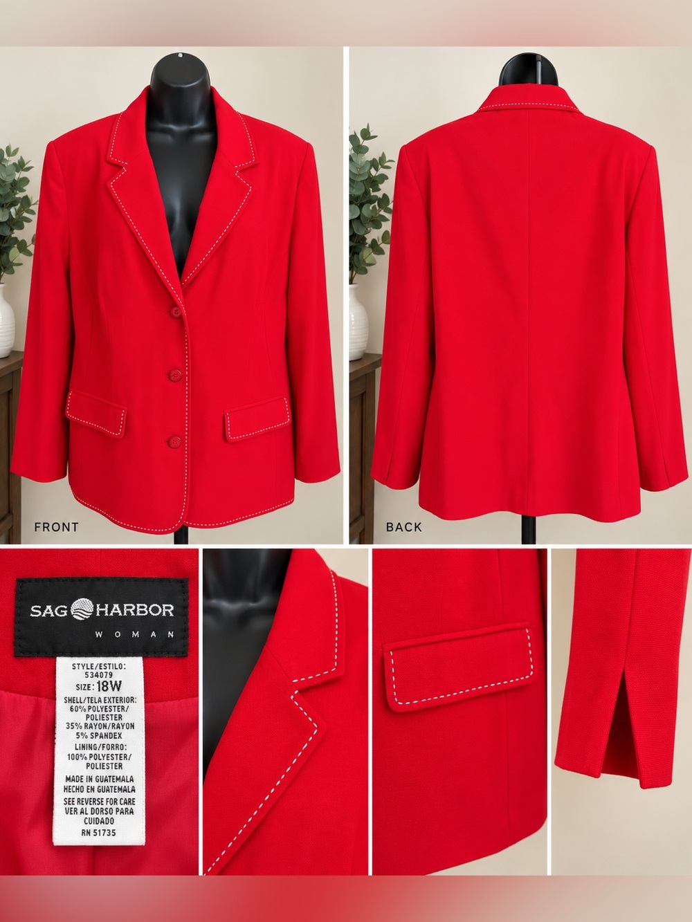 Sag Harbor Women's Bright Red Notched Blazer with Contrast Stitching